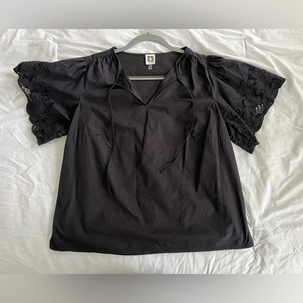 Anne Klein Black Embroidered Flutter Sleeve Top - Picture 5 of 9